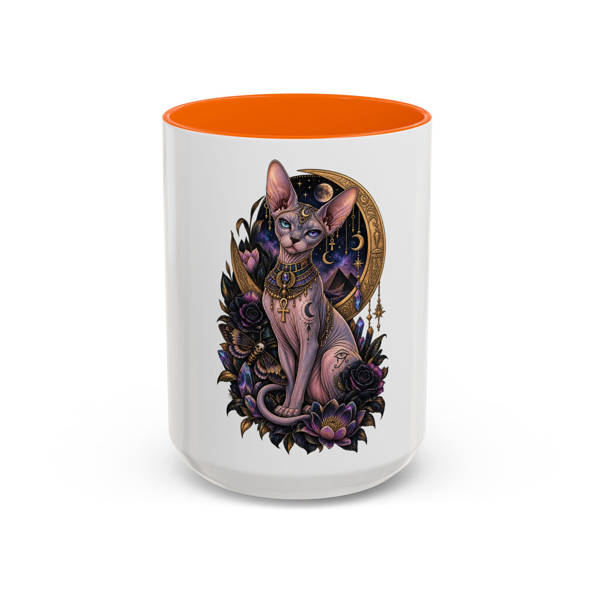 Mystic Sphynx Cat Coffee Mug — Magical Moon & Floral Accent (11/15 oz)