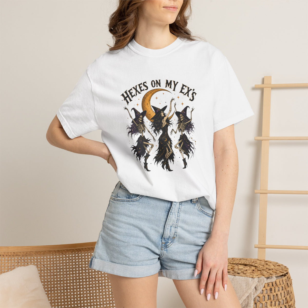 Witches and skeleton Graphic T-Shirt — "Hexes On My Ex's" Moon Witch Tee