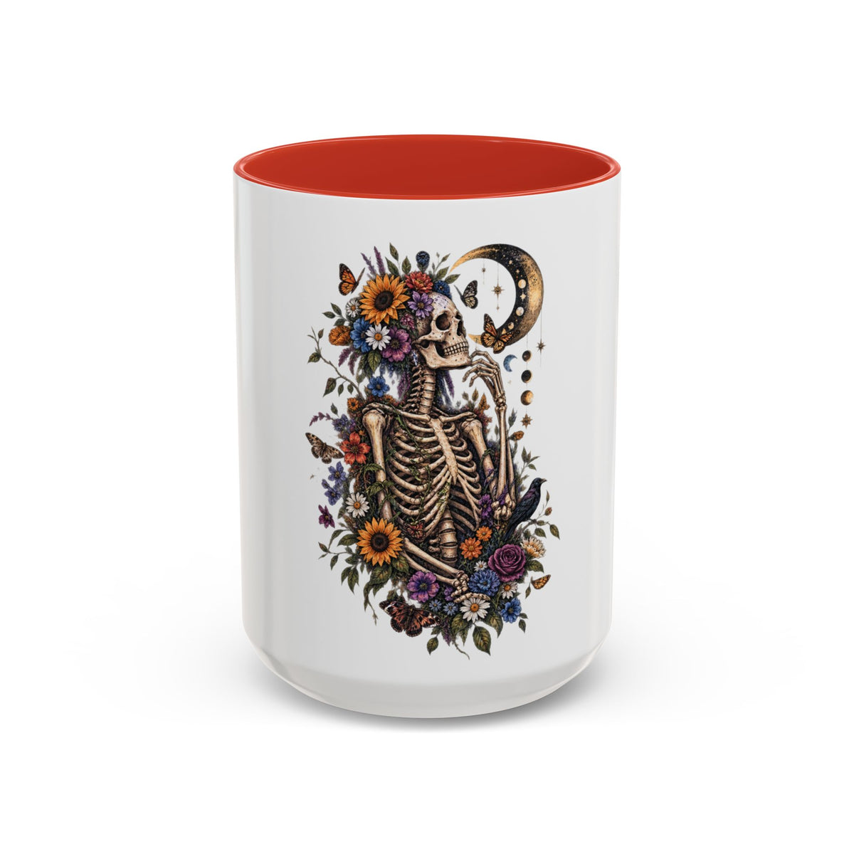 Skull & Moon Floral Coffee Mug — Gothic Botanical Accent Mug