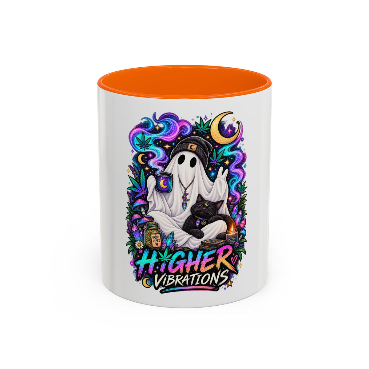Higher Vibrations Coffee Mug — Cute Ghost & Cat Accent Mug (11/15 oz)