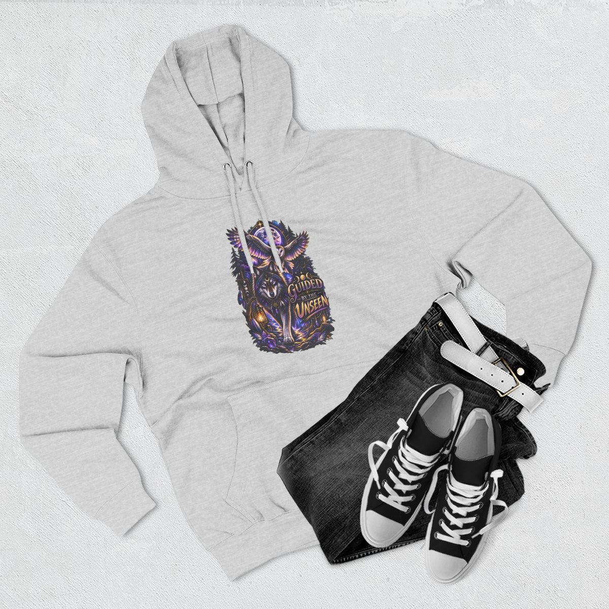 Witchy Owl and Wolf Fleece Hoodie - Mystical Night Forest Graphic- Guided by the Unseen
