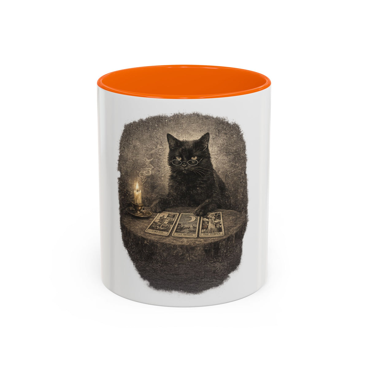 Tarot Cat Accent Coffee Mug — Witchy Black Cat with Tarot Cards