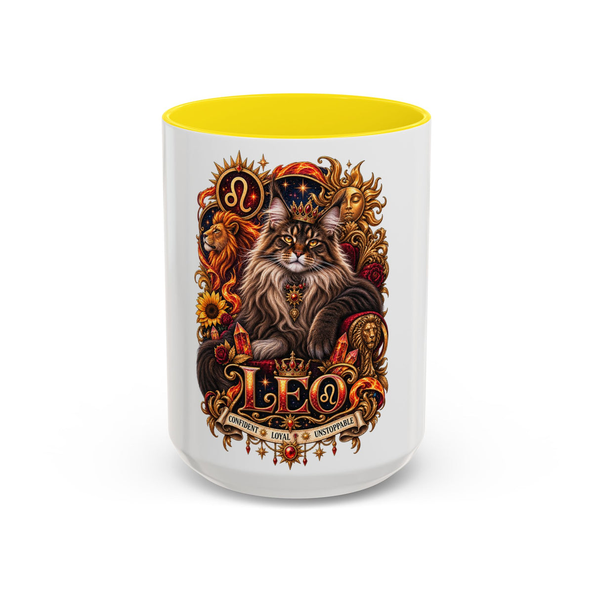 Leo Zodiac Cat Coffee Mug – Maine Coon Astrological Birthday Gift (11/15oz)