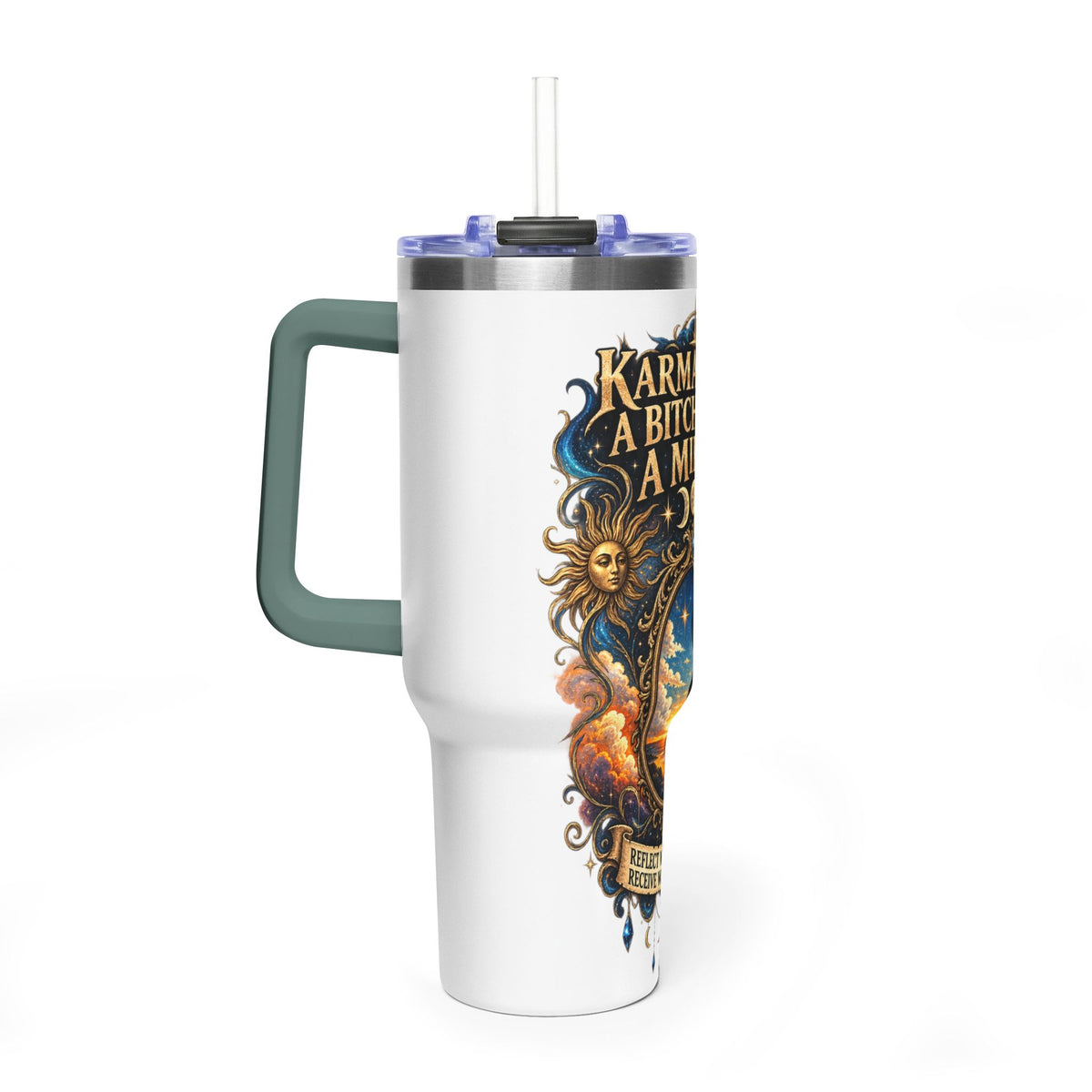 Karma Mirror 40oz Vacuum Tumbler – Celestial Sun & Moon Thermal Cup