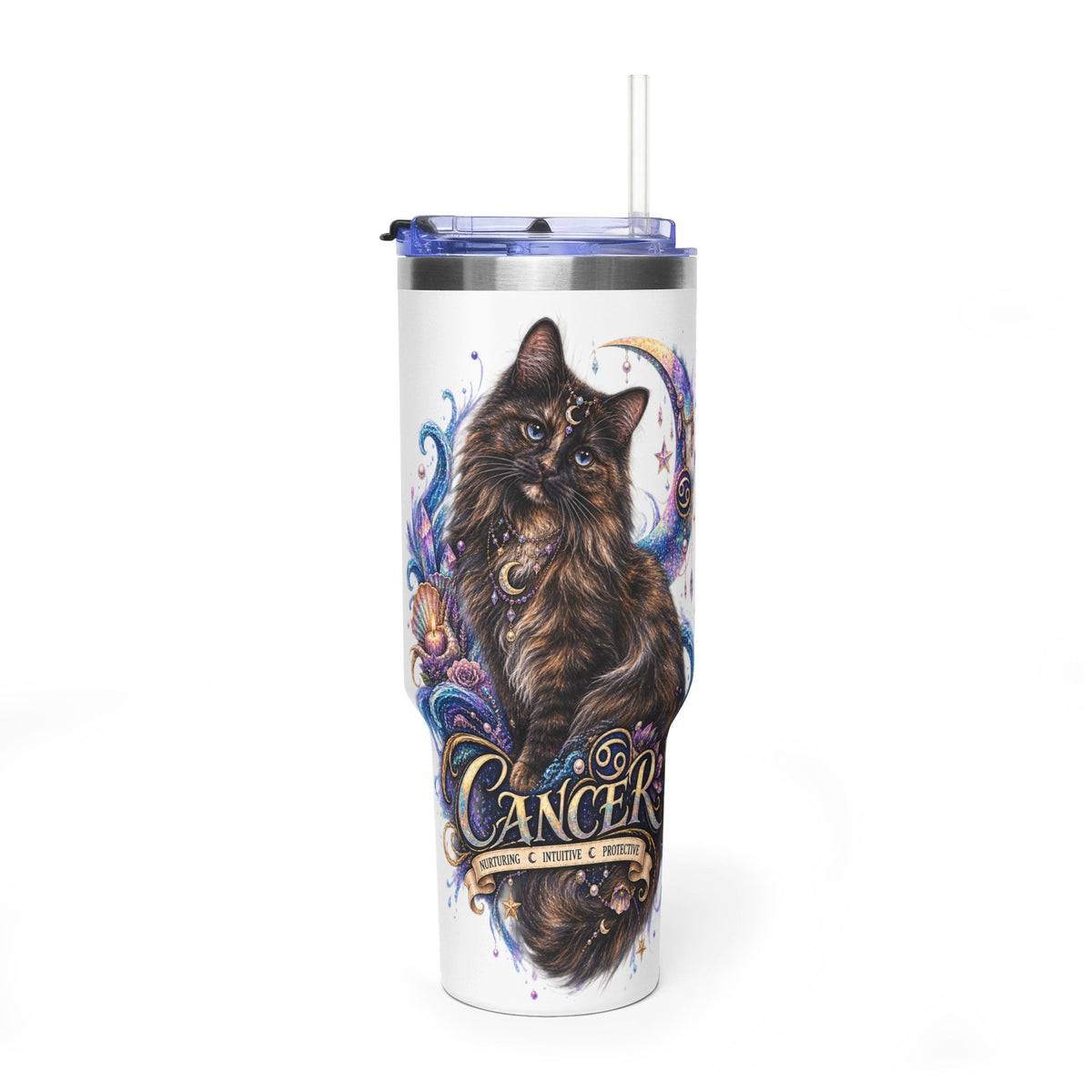 Cancer Zodiac Tortoiseshell Cat 40oz Vacuum Tumbler – Astrology Cat Lover Travel Mug