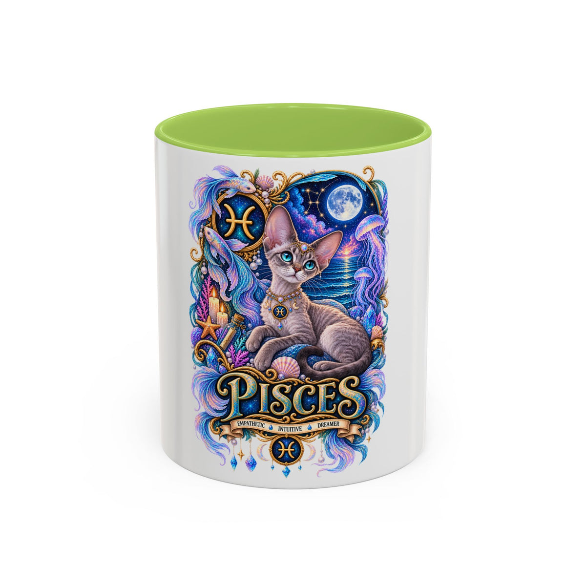 Pisces Devon Rex Cat Accent Coffee Mug — Zodiac Astrology Ceramic Mug (11/15oz)