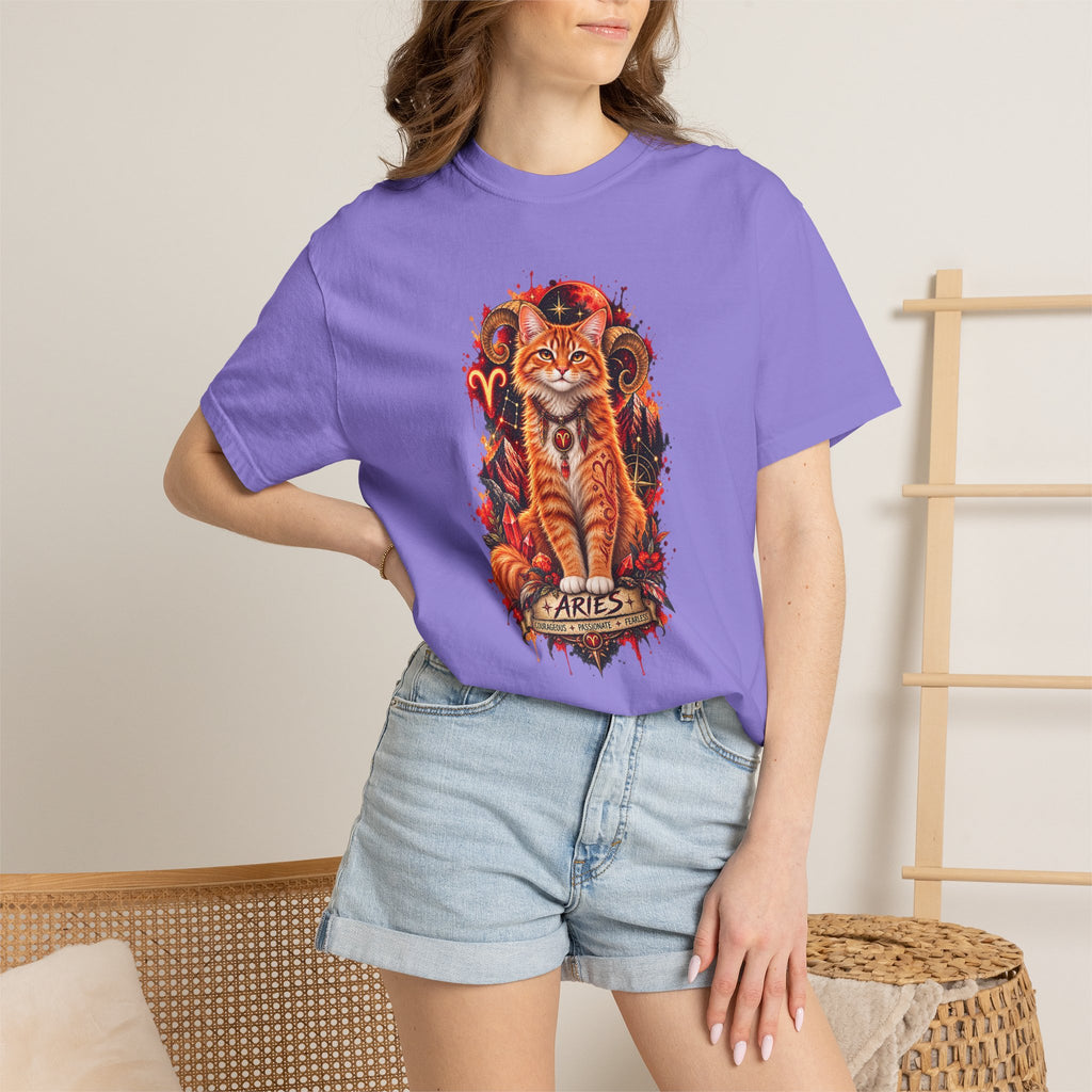 Aries Orange Tabby Cat Zodiac T-Shirt — Fiery Astrological Graphic Tee