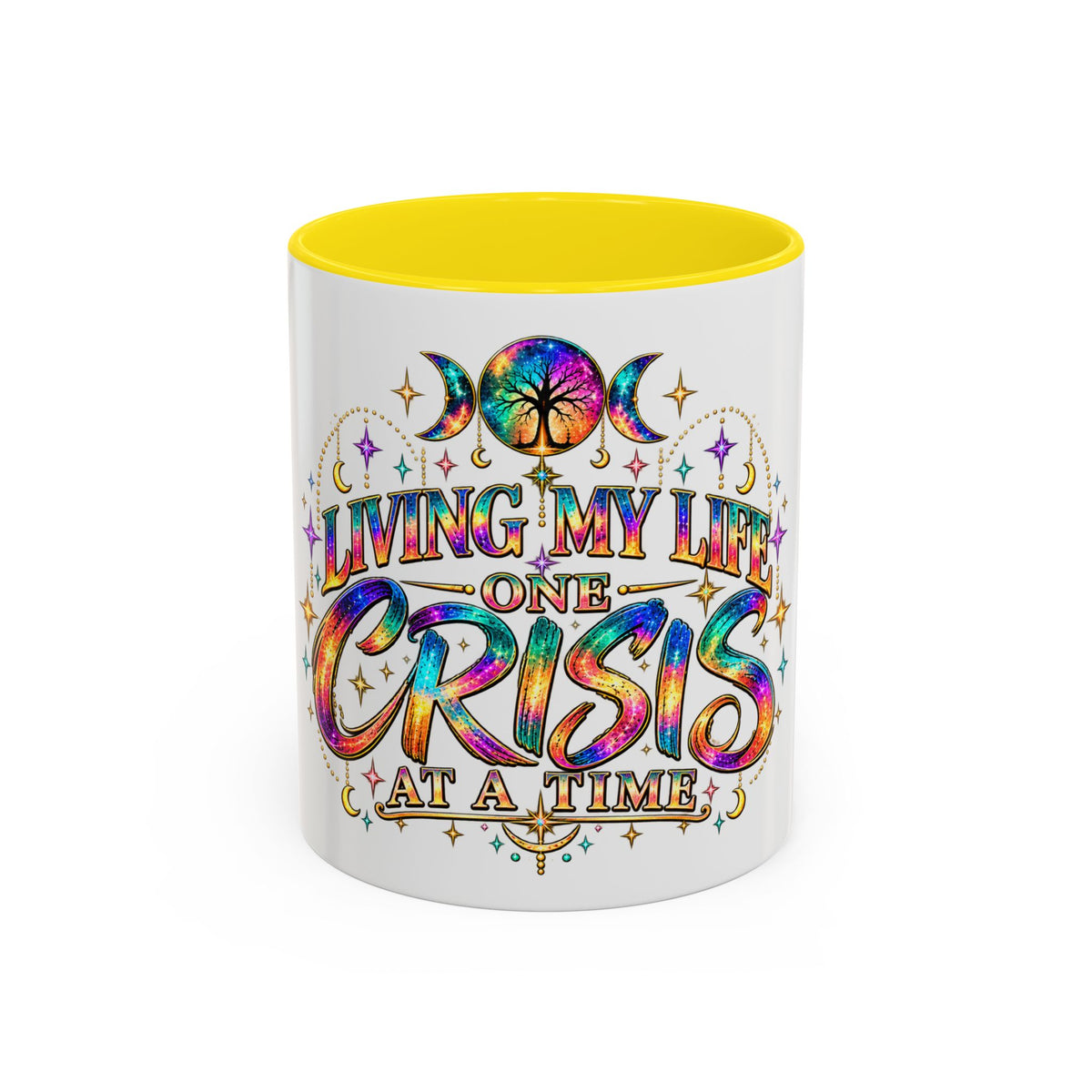 Coffee Mug — "Living My Life One Crisis at a Time" Colorful Boho Accent Mug (11/15oz)