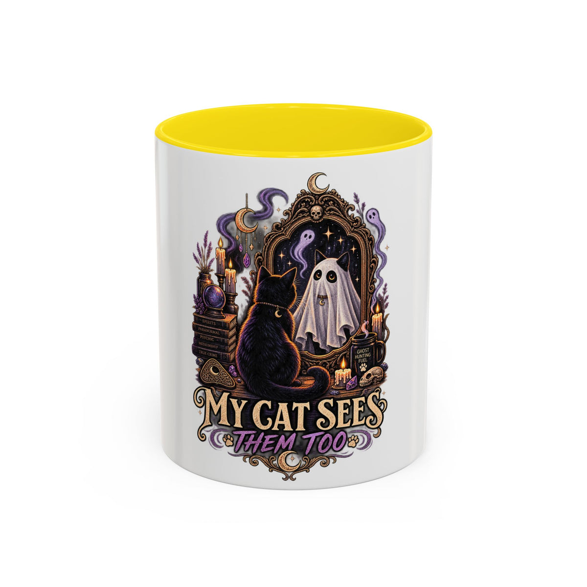 My Cat Sees Them Too Accent Coffee Mug – Halloween Cat & Ghost 11/15oz