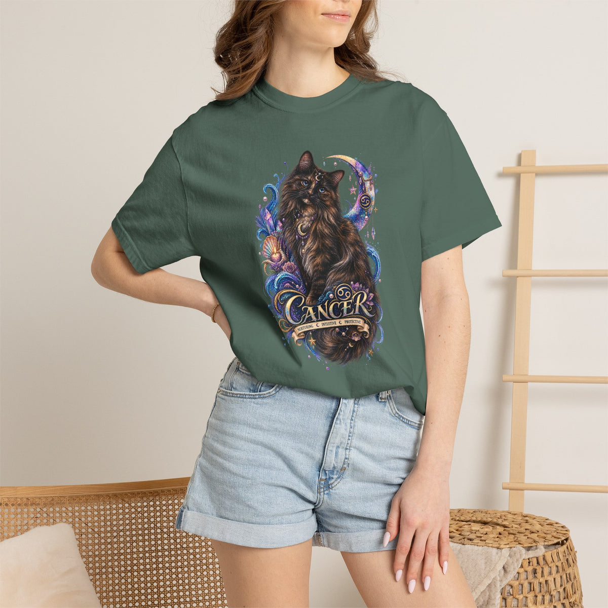 Cancer Zodiac T‑Shirt — Mystical Tortoiseshell   Cat Horoscope Design