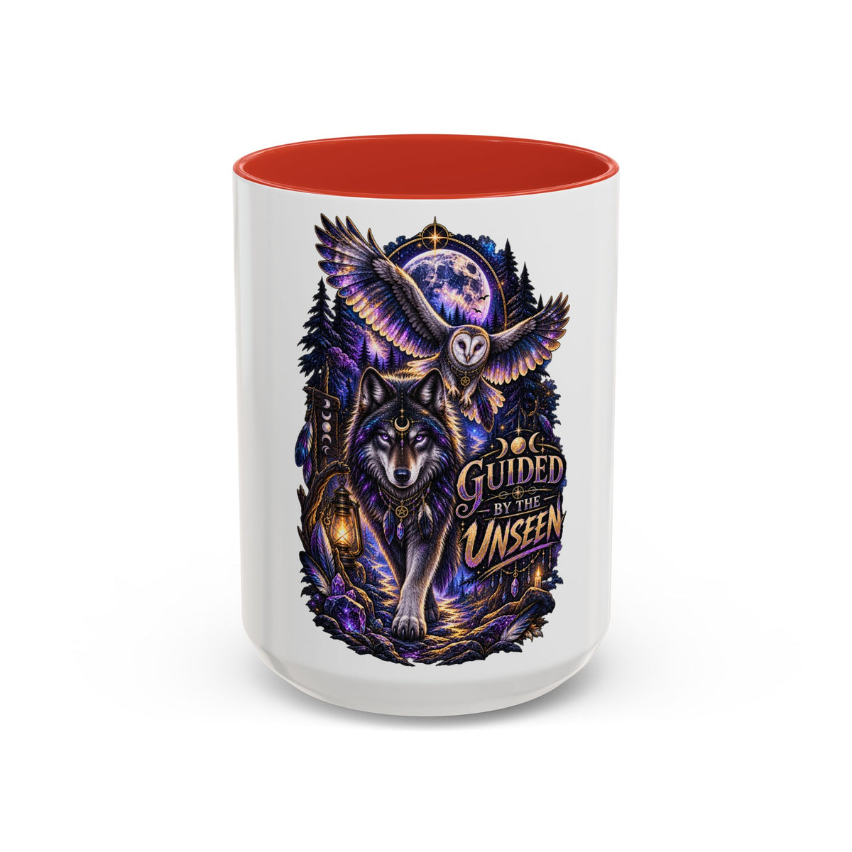 Guided by the Unseen Coffee Mug — Wolf & Owl Spirit Animal Accent Mug (11/15oz)
