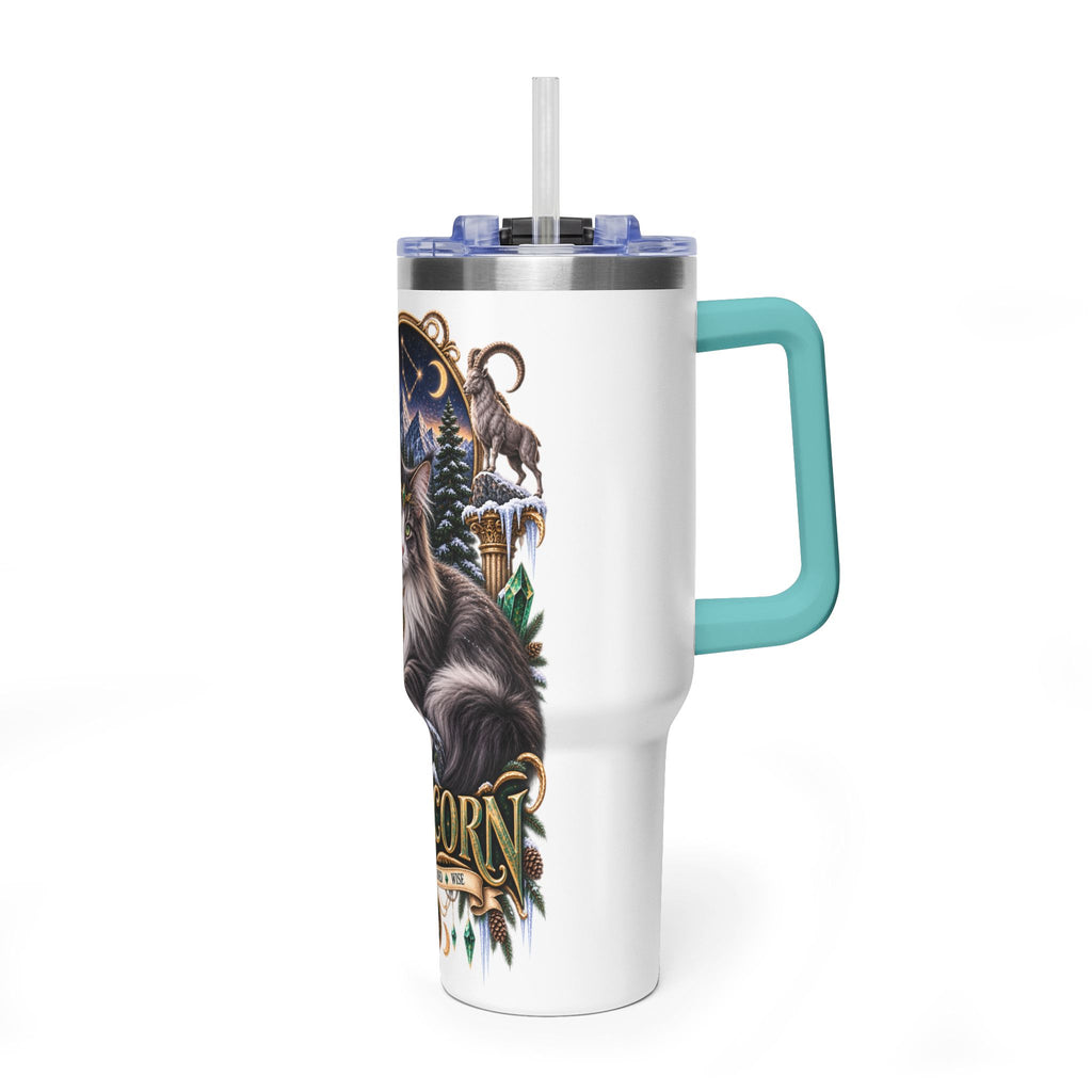 Capricorn Norwegian Forest Cat 40oz Vacuum Tumbler — Zodiac Travel Mug with Handle