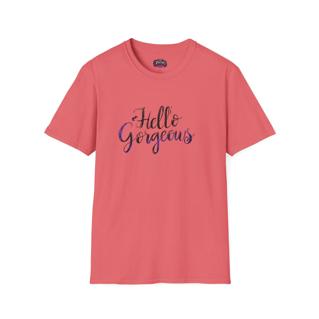 T-Shirt — "Hello Gorgeous" Purple Black Script Graphic Tee