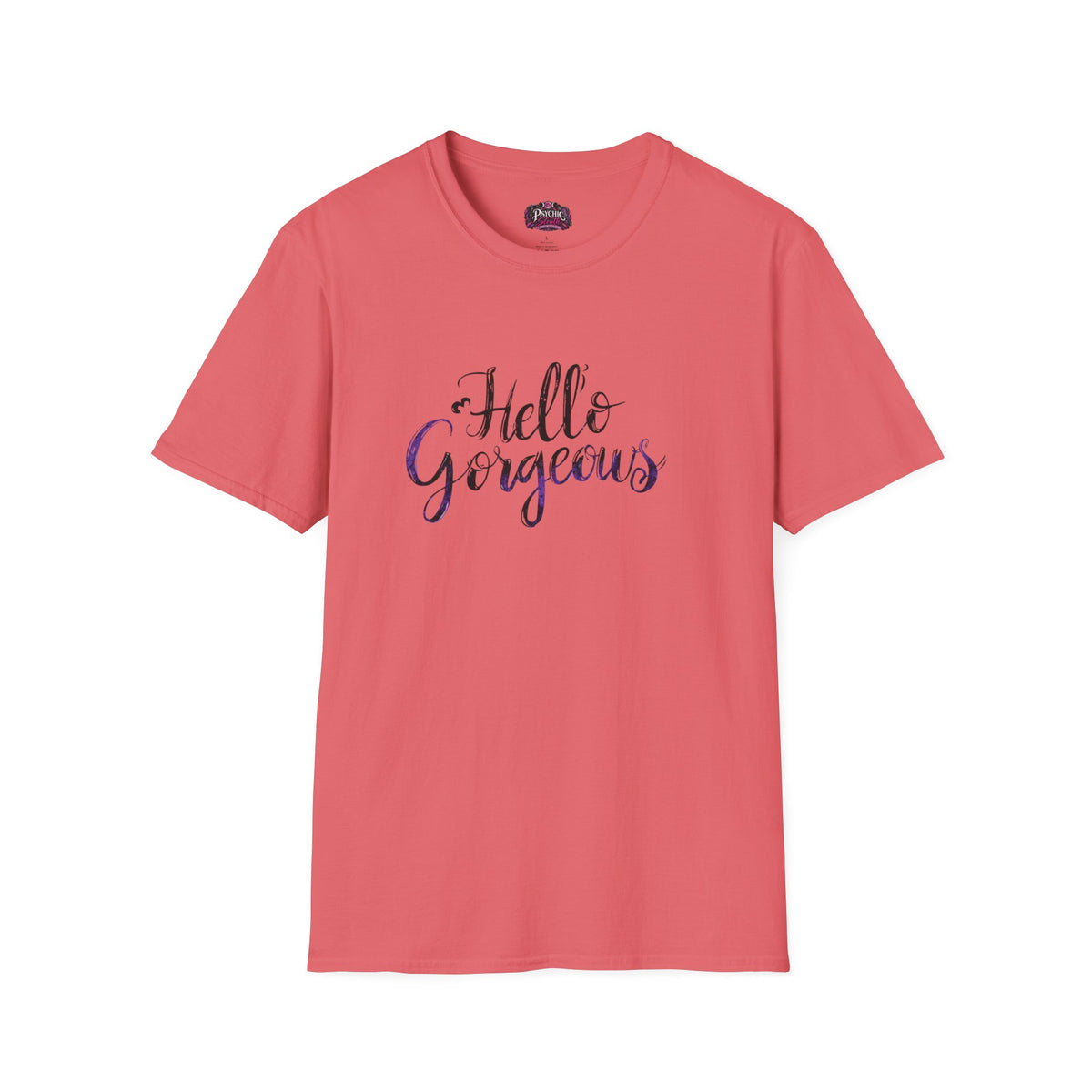 T-Shirt — "Hello Gorgeous" Purple Black Script Graphic Tee