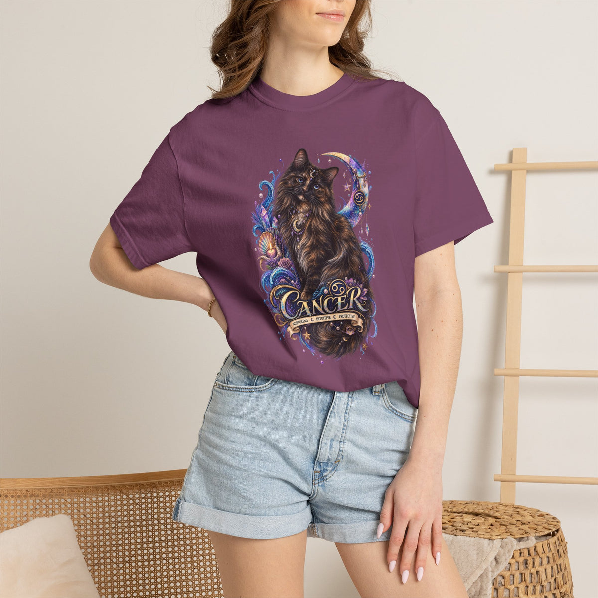 Cancer Zodiac T‑Shirt — Mystical Tortoiseshell   Cat Horoscope Design