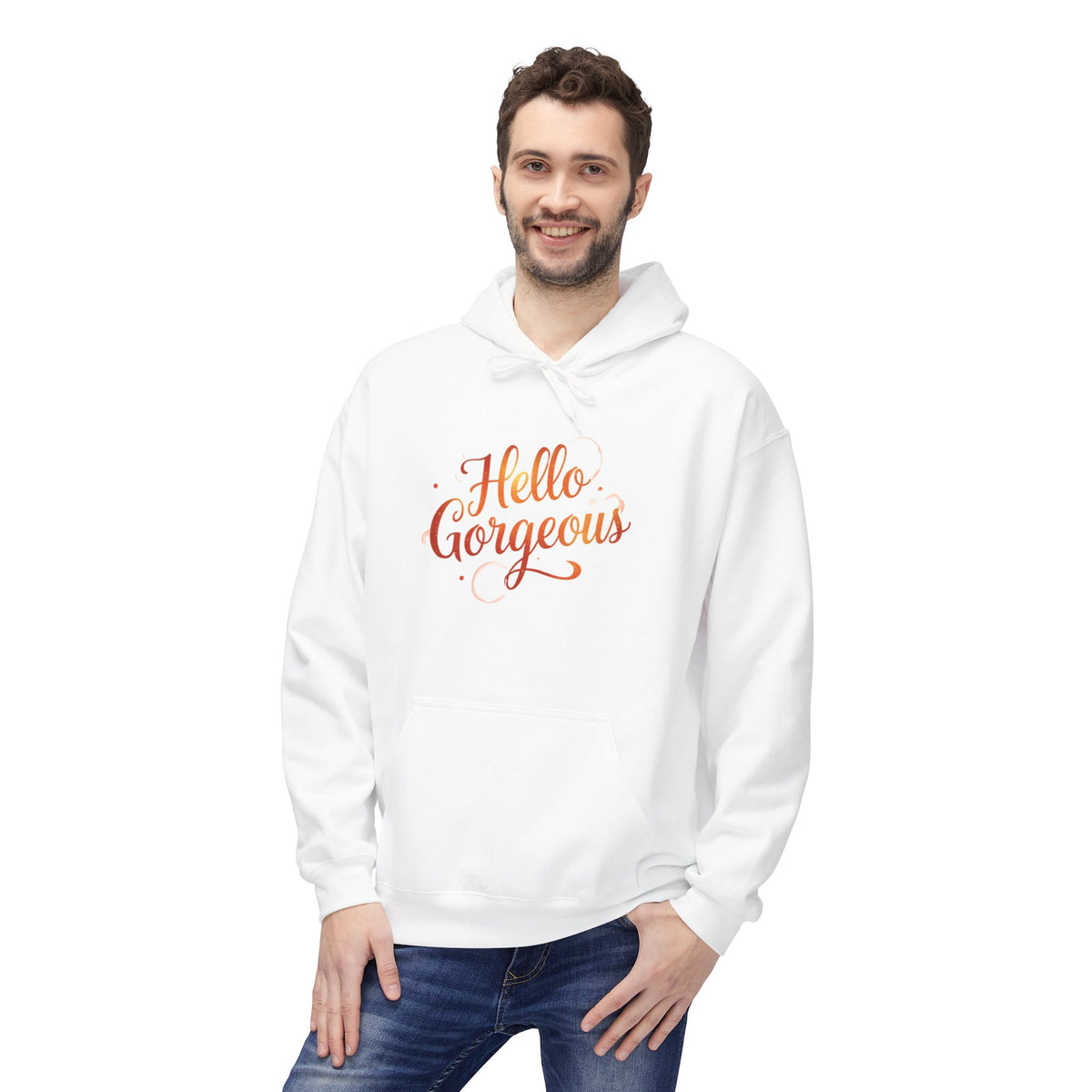 Hello Gorgeous Sunset color Hoodie  — Feminine Script Pullover for Self-Love & Gifts