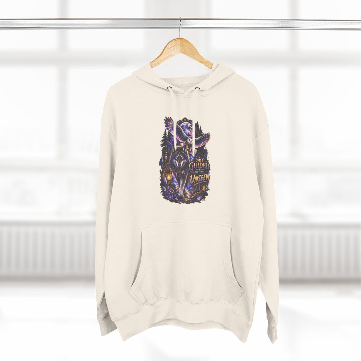 Witchy Owl and Wolf Fleece Hoodie - Mystical Night Forest Graphic- Guided by the Unseen