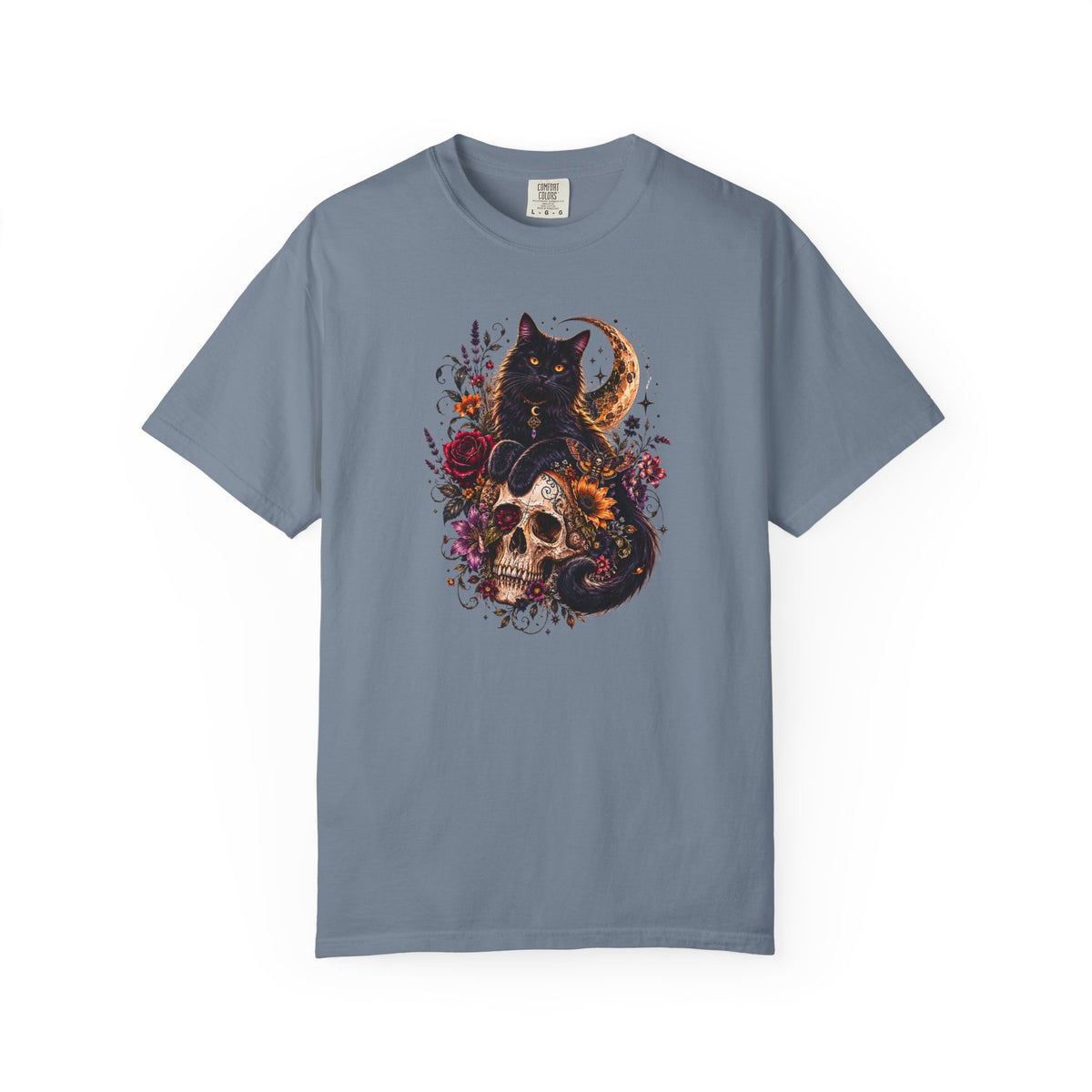 Cat & Skull Gothic T-Shirt — Black Cat Moon Floral Graphic Tee
