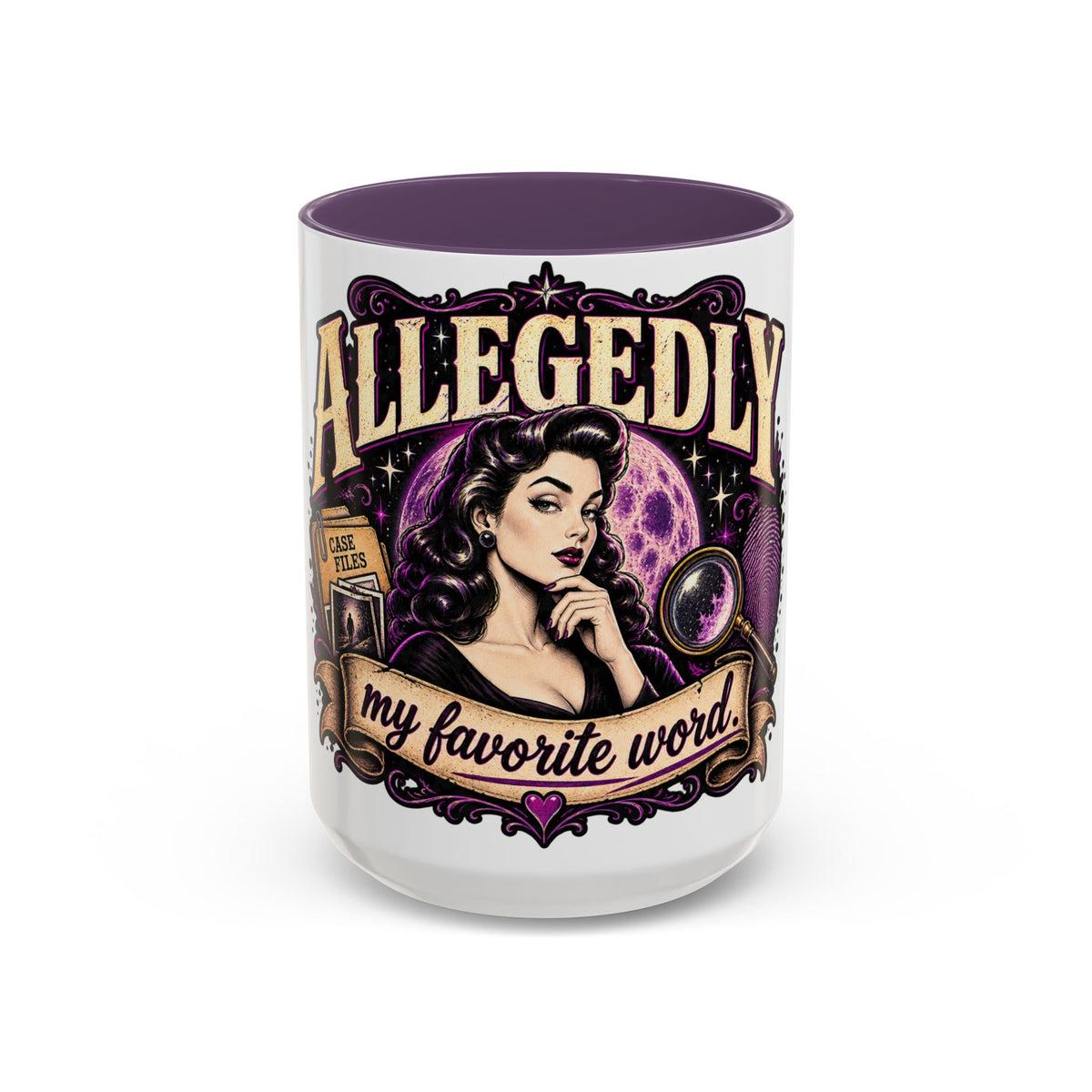 Allegedly Coffee Mug — Retro Pinup Mystery Design