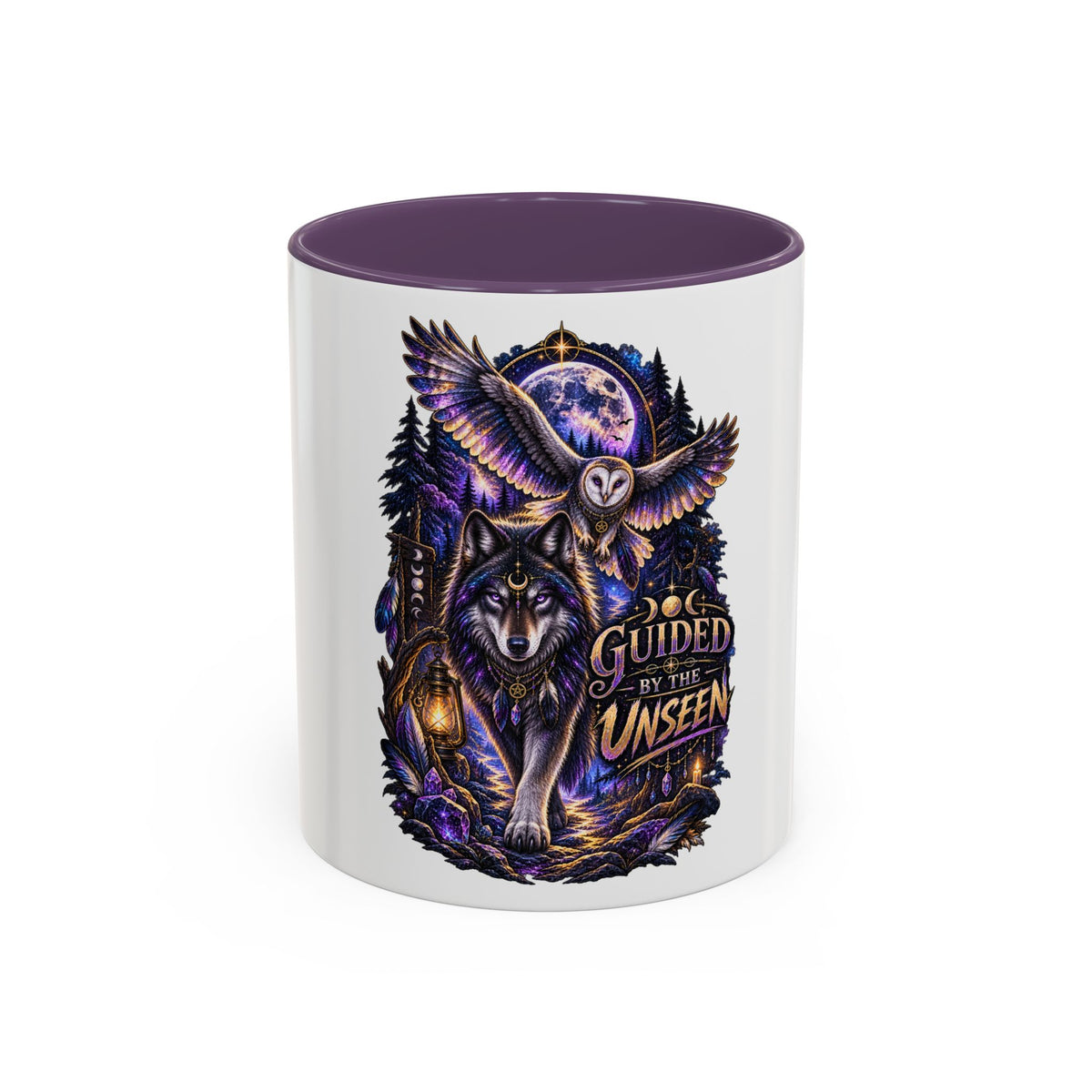 Guided by the Unseen Coffee Mug — Wolf & Owl Spirit Animal Accent Mug (11/15oz)