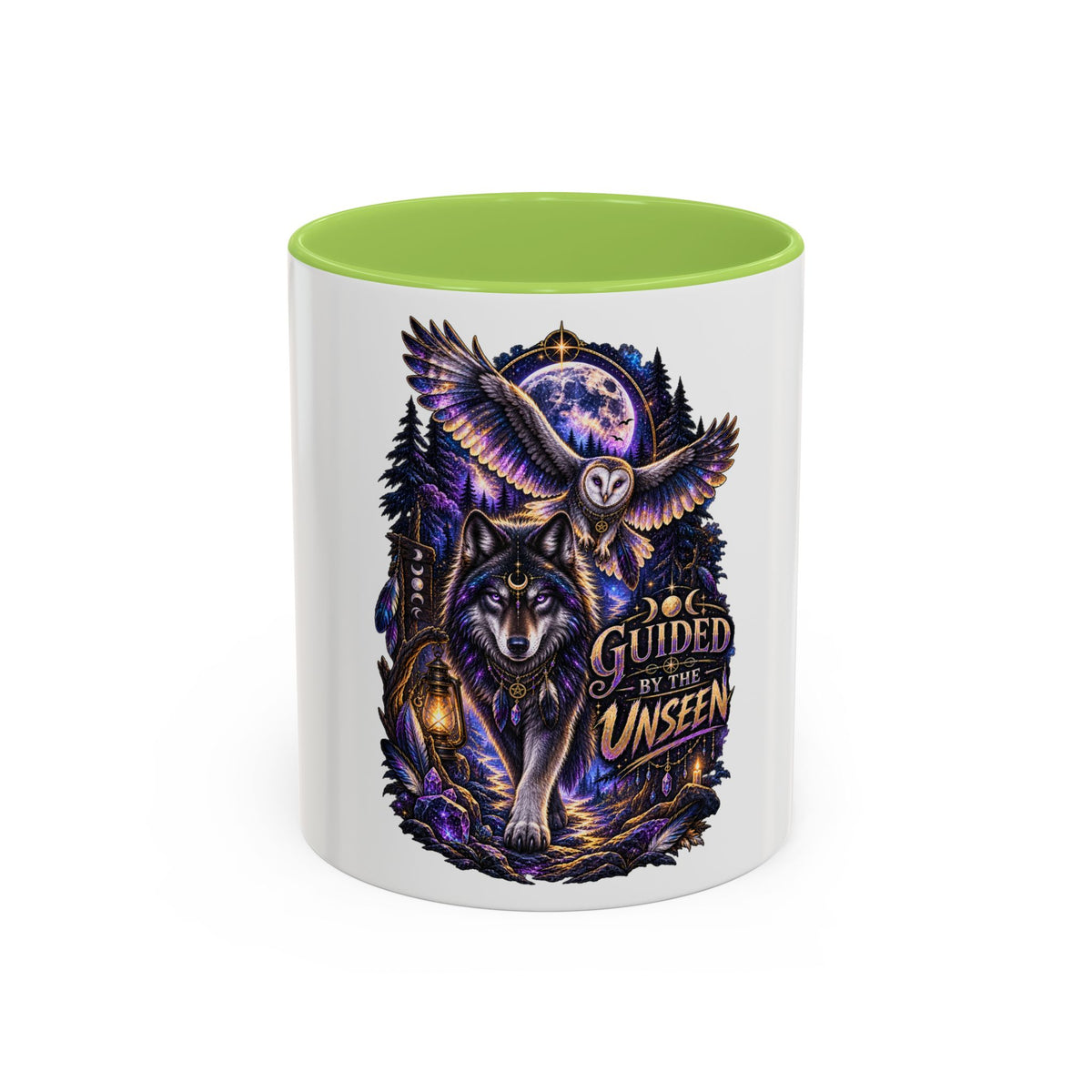 Guided by the Unseen Coffee Mug — Wolf & Owl Spirit Animal Accent Mug (11/15oz)