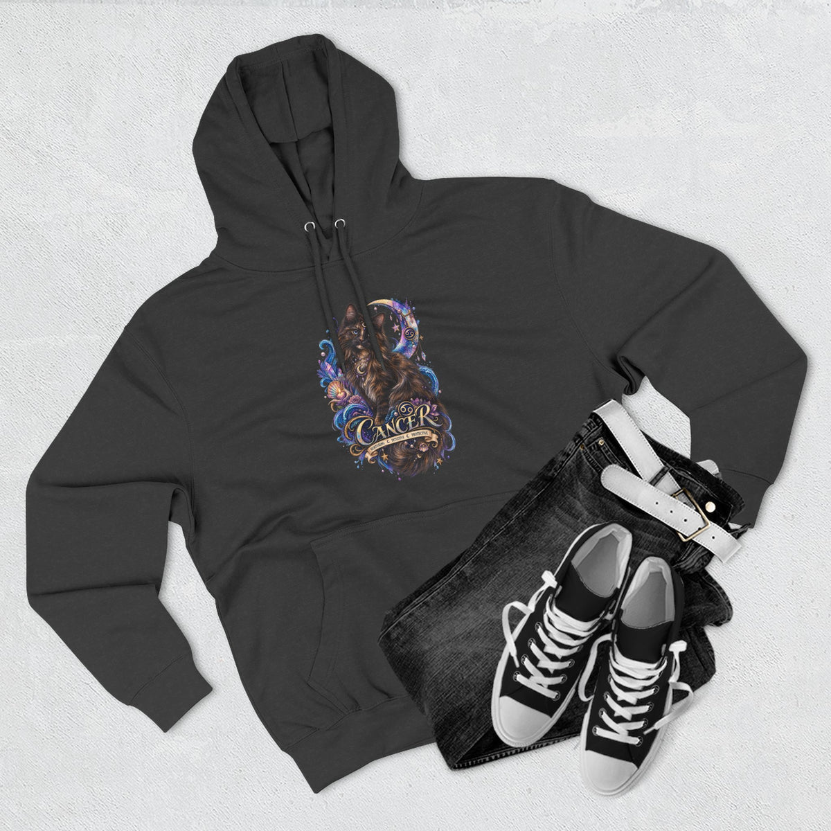 Cancer Tortoiseshell Cat Zodiac Hoodie — Zodiac Cat Graphic Fleece Pullover