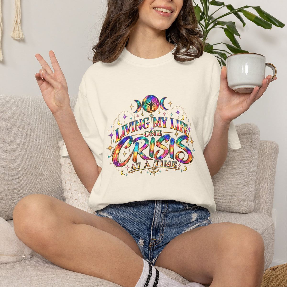 Graphic T-Shirt — "Living My Life One Crisis at a Time" Colorful Retro Tee