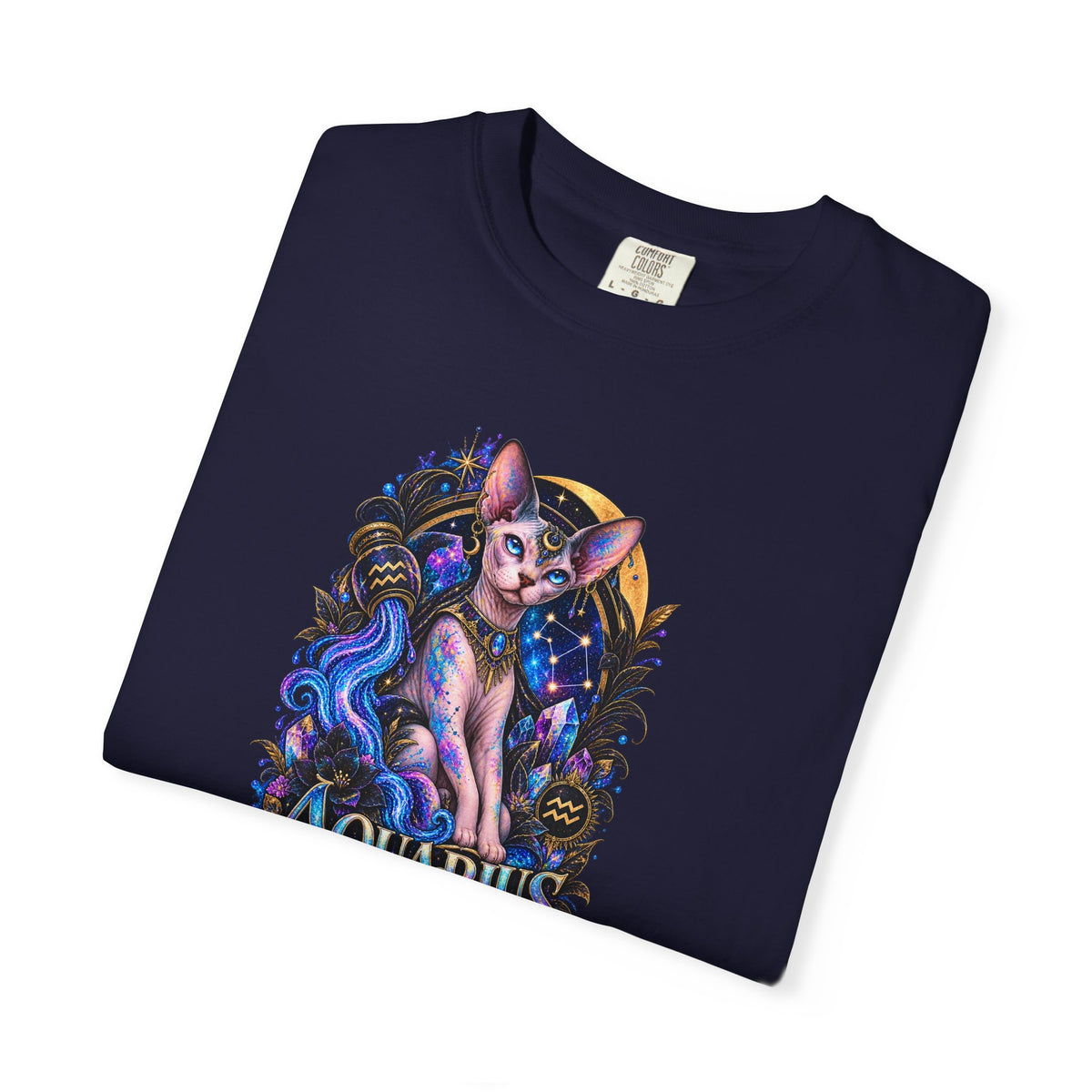 Aquarius Sphynx Cat Zodiac Tee- Celestial Astrology cat lover T-shirt