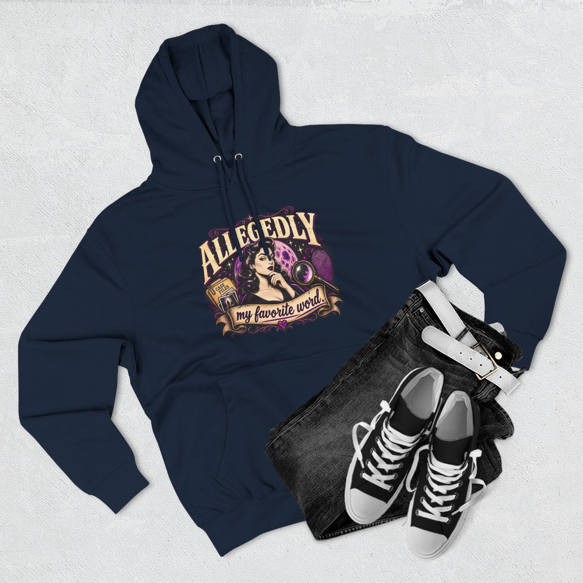Hoodie — "Allegedly My Favorite Word" Retro Witch Graphic