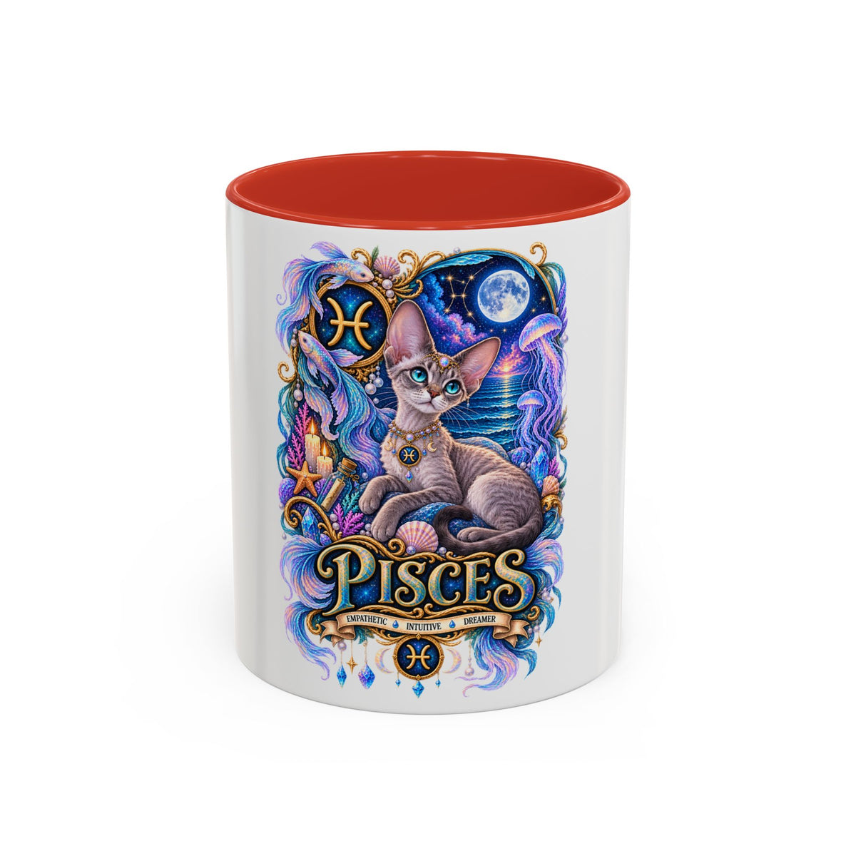 Pisces Devon Rex Cat Accent Coffee Mug — Zodiac Astrology Ceramic Mug (11/15oz)
