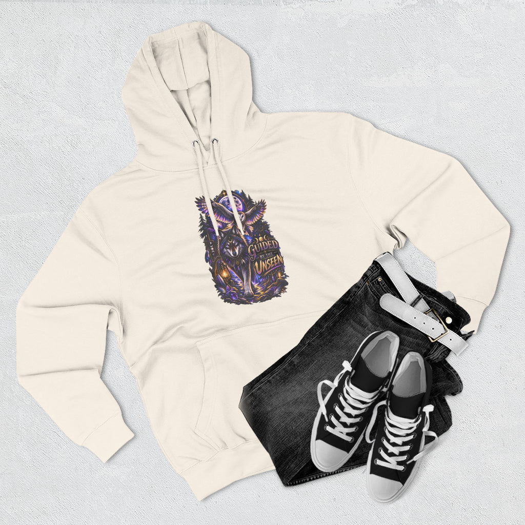 Witchy Owl and Wolf Fleece Hoodie - Mystical Night Forest Graphic- Guided by the Unseen