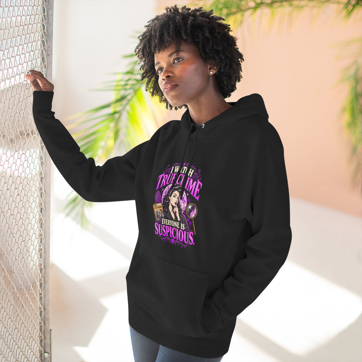 True Crime Hoodie — “Everyone Is Suspicious” Graphic Pullover