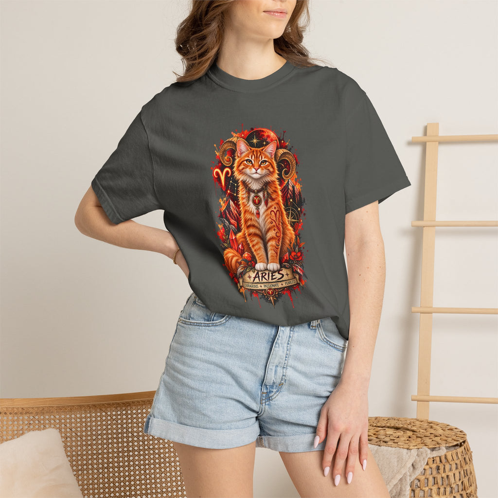 Aries Orange Tabby Cat Zodiac T-Shirt — Fiery Astrological Graphic Tee