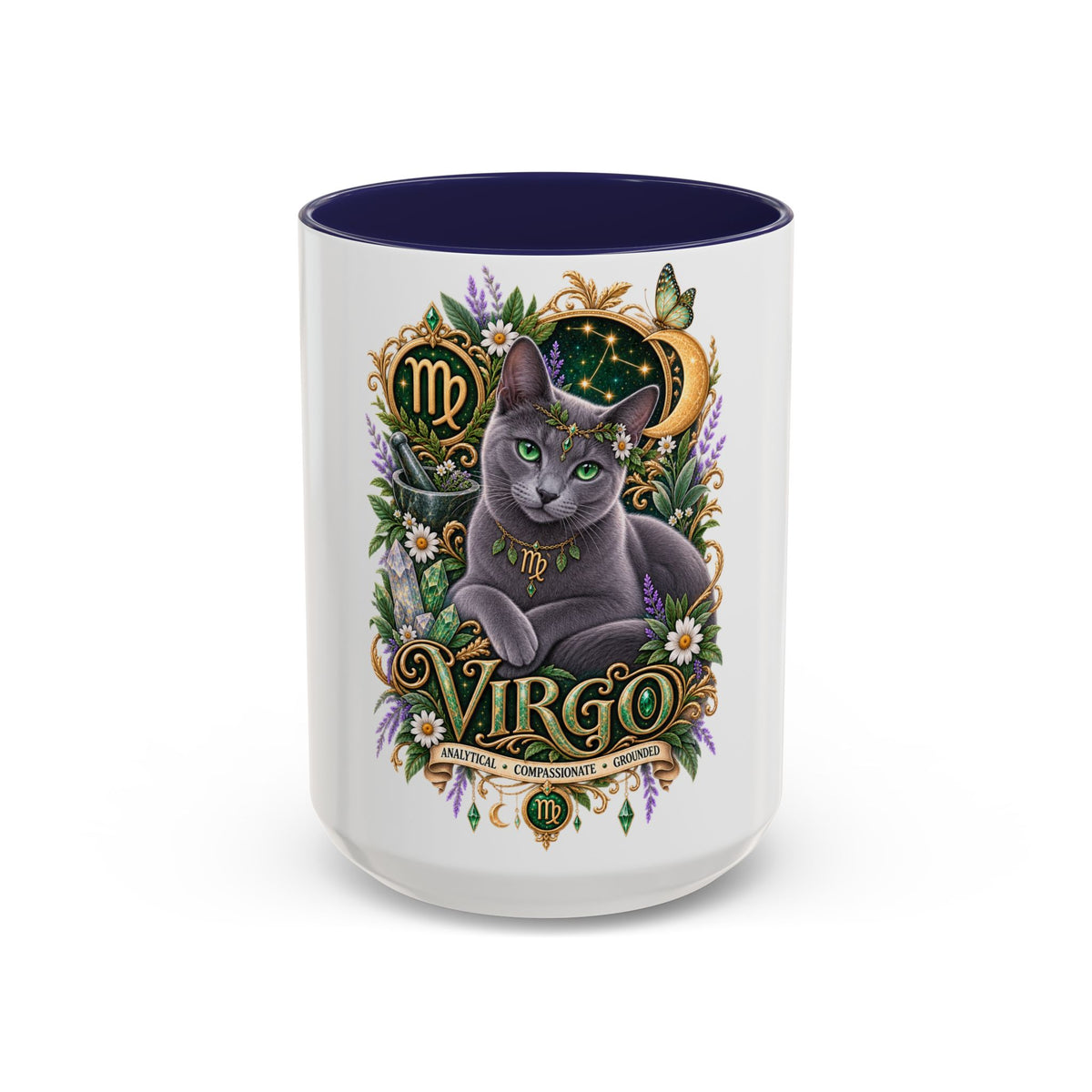 Virgo Russian Blue Cat Accent Coffee Mug — Zodiac Astrology Horoscope Gift (11/15 oz)