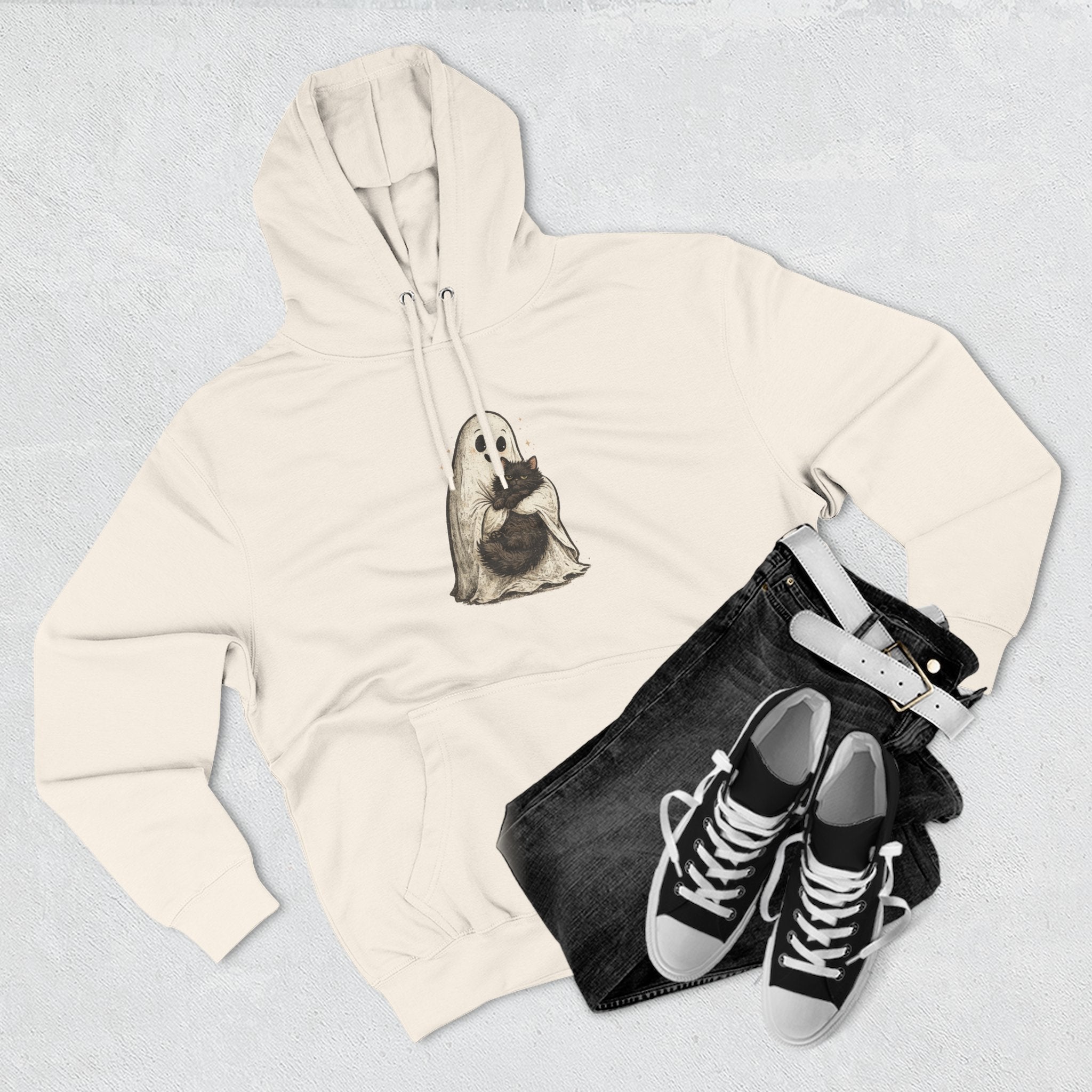 Boo & Meow Ghost Hugging Black Cat hoodie | Cute Spooky Tee Fleece Pullover