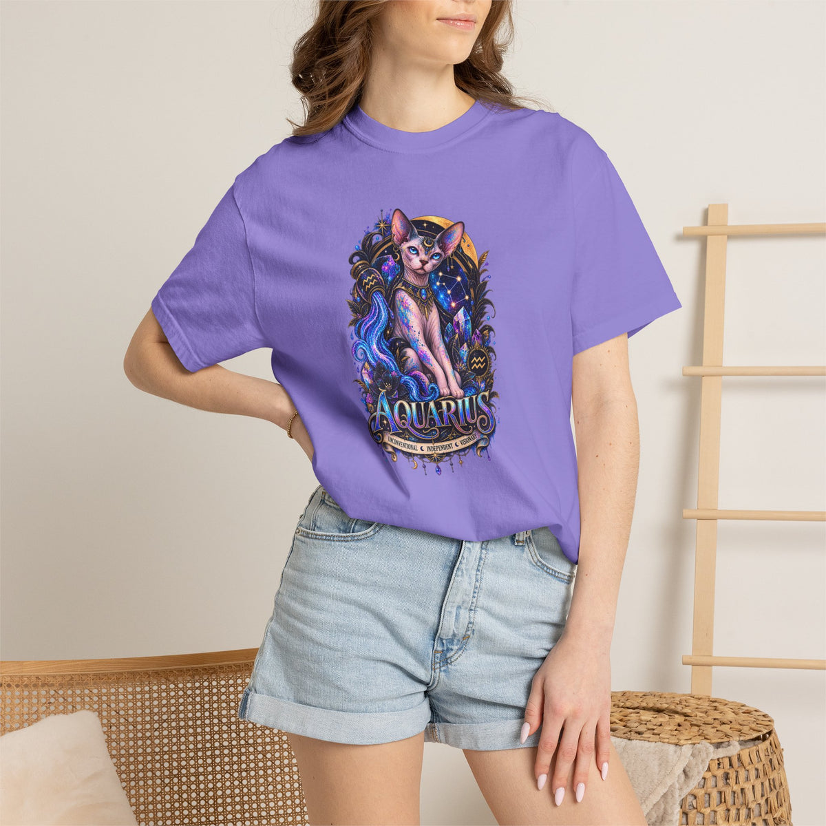 Aquarius Sphynx Cat Zodiac Tee- Celestial Astrology cat lover T-shirt