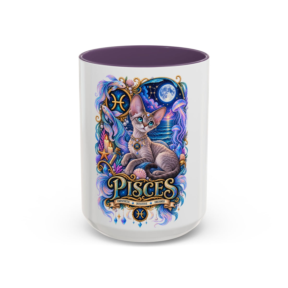 Pisces Devon Rex Cat Accent Coffee Mug — Zodiac Astrology Ceramic Mug (11/15oz)