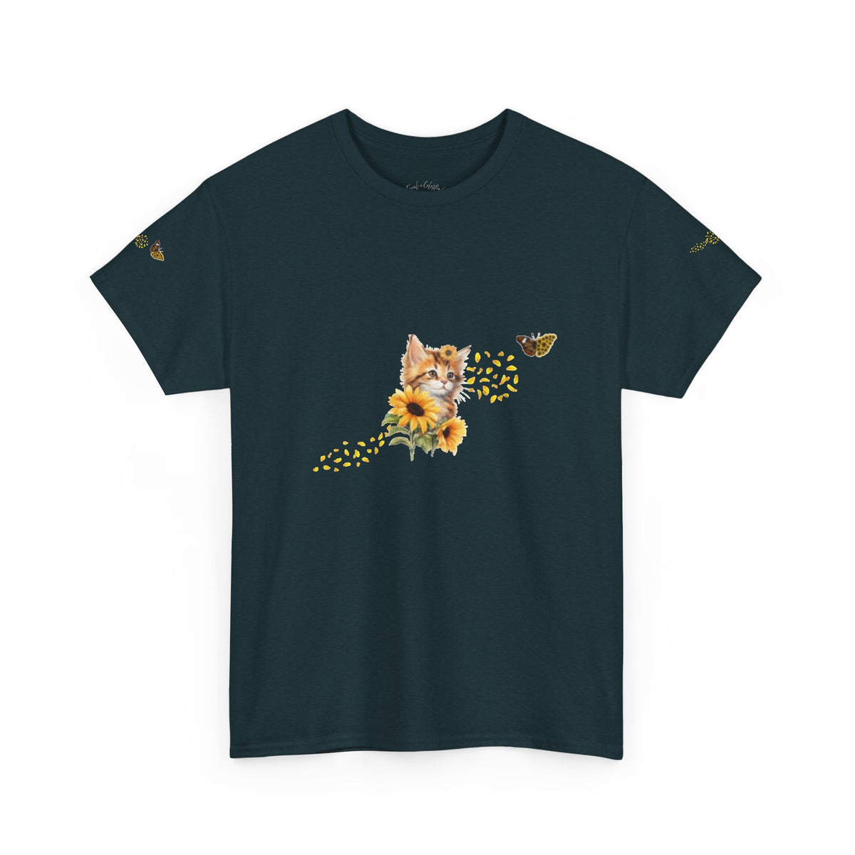 Sunflower Kitten Tee | Butterfly Accent, Floral Cat Shirt
