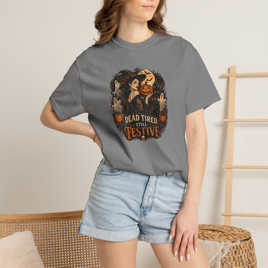 Halloween Graphic T-Shirt — "Dead Tired but Festive" Vintage Horror Pumpkin Tee