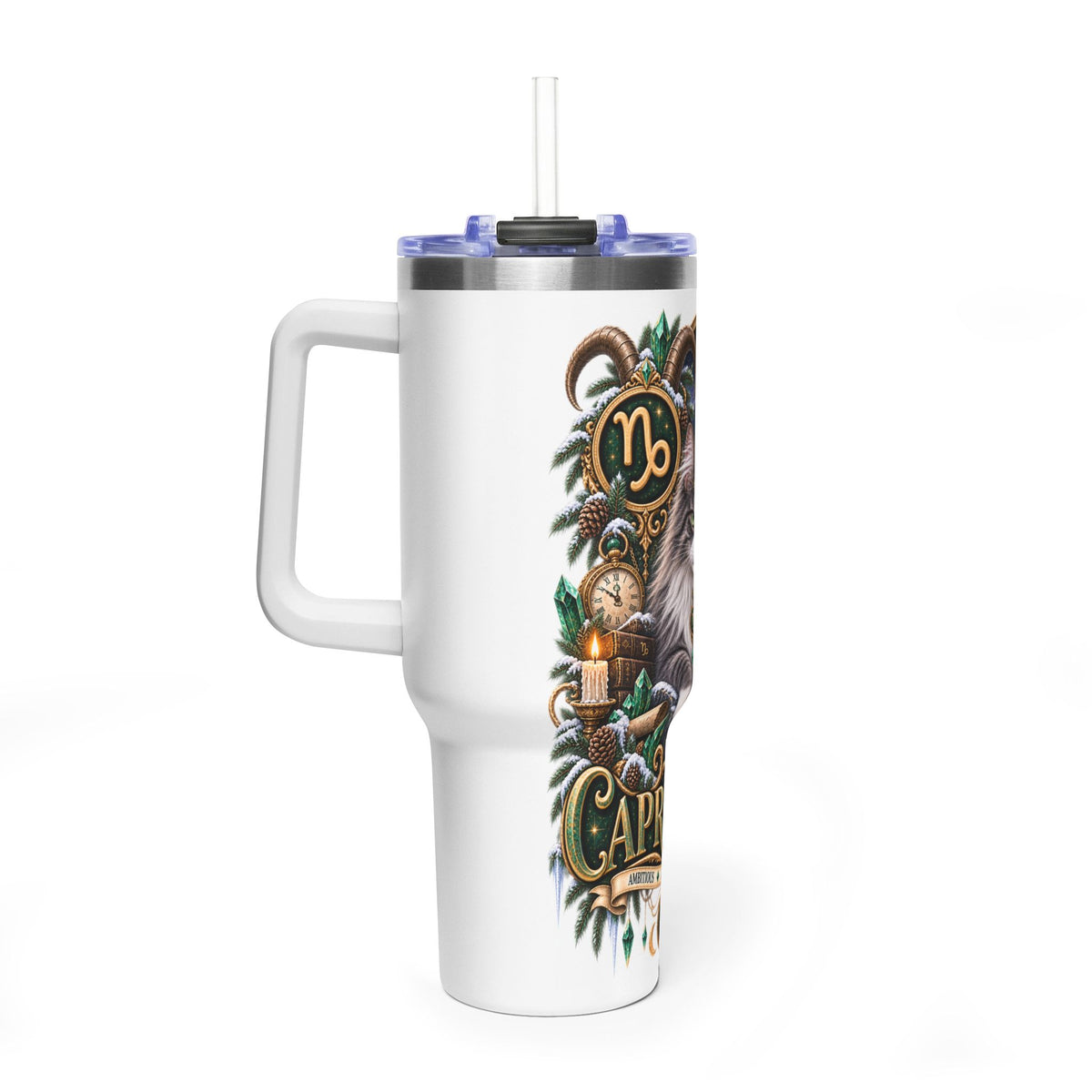 Capricorn Norwegian Forest Cat 40oz Vacuum Tumbler — Zodiac Travel Mug with Handle