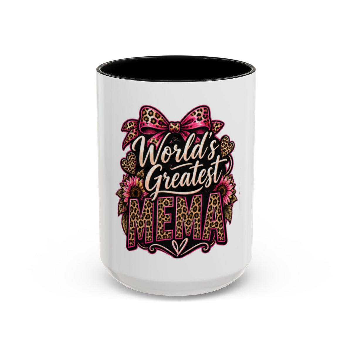 World's Greatest Mema Accent Coffee Mug – Leopard Pink Bow Gift for Grandma (11/15 oz)