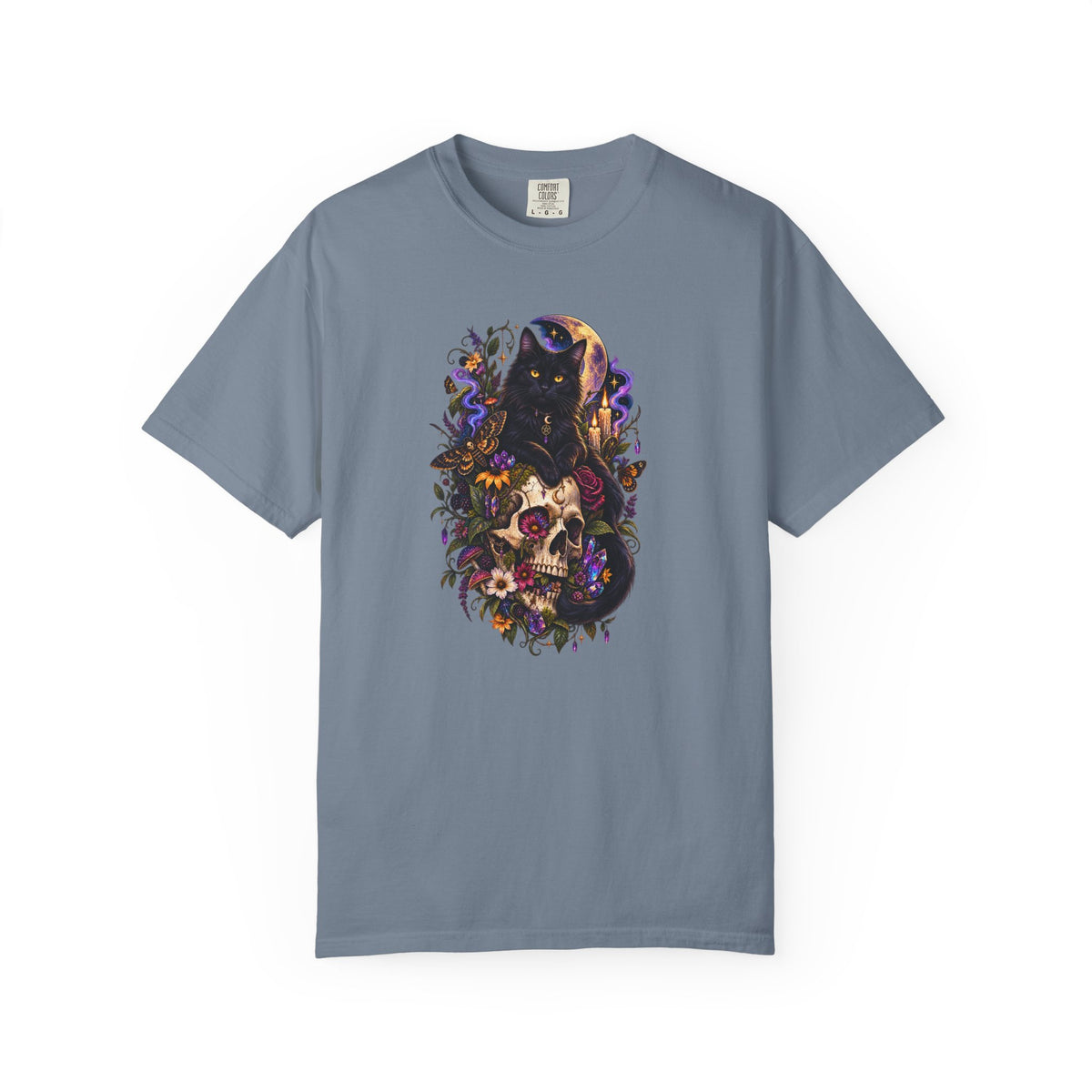 Skull & Black Cat Gothic T-Shirt — Dark Floral Day of the Dead Style