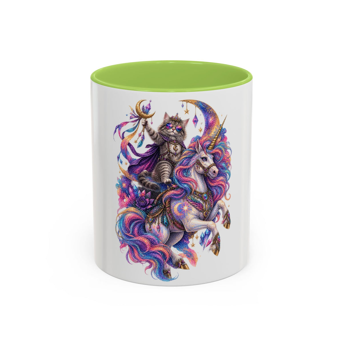 Magical Cat Knight on Unicorn Accent Coffee Mug — Colorful Fantasy 11/15oz