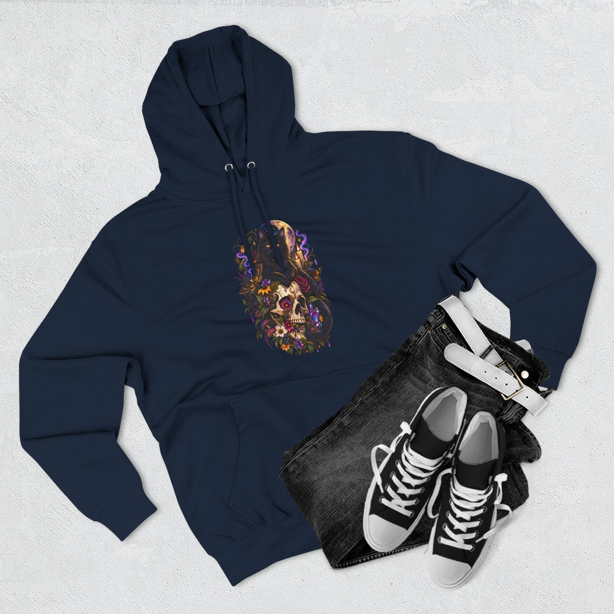 Skull Black Cat Hoodie — Romantic Gothic Floral Skull Graphic Fleece Pullover
