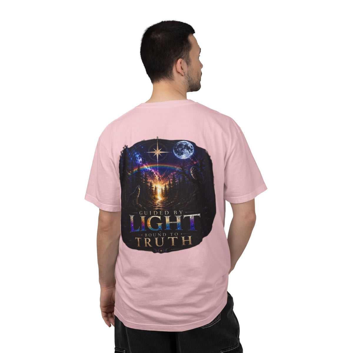 T-Shirt — "Guided by Light, Bound to Truth" Cosmic Forest Graphic