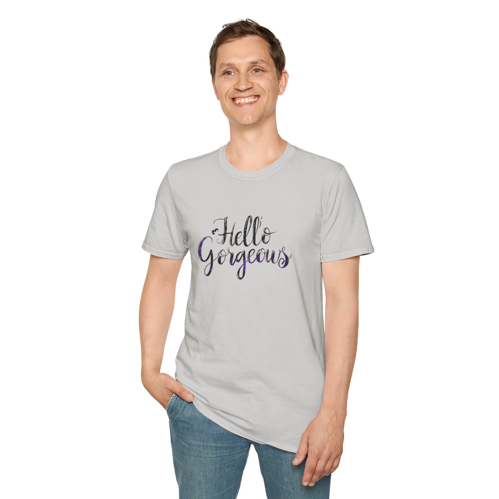 T-Shirt — "Hello Gorgeous" Purple Black Script Graphic Tee