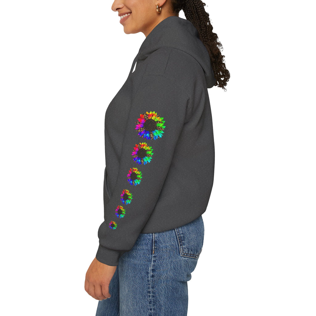 Inspirational Floral Hoodie – "Your Smile is Kind & Beautiful" Rainbow Sunflower Cozy Pullover
