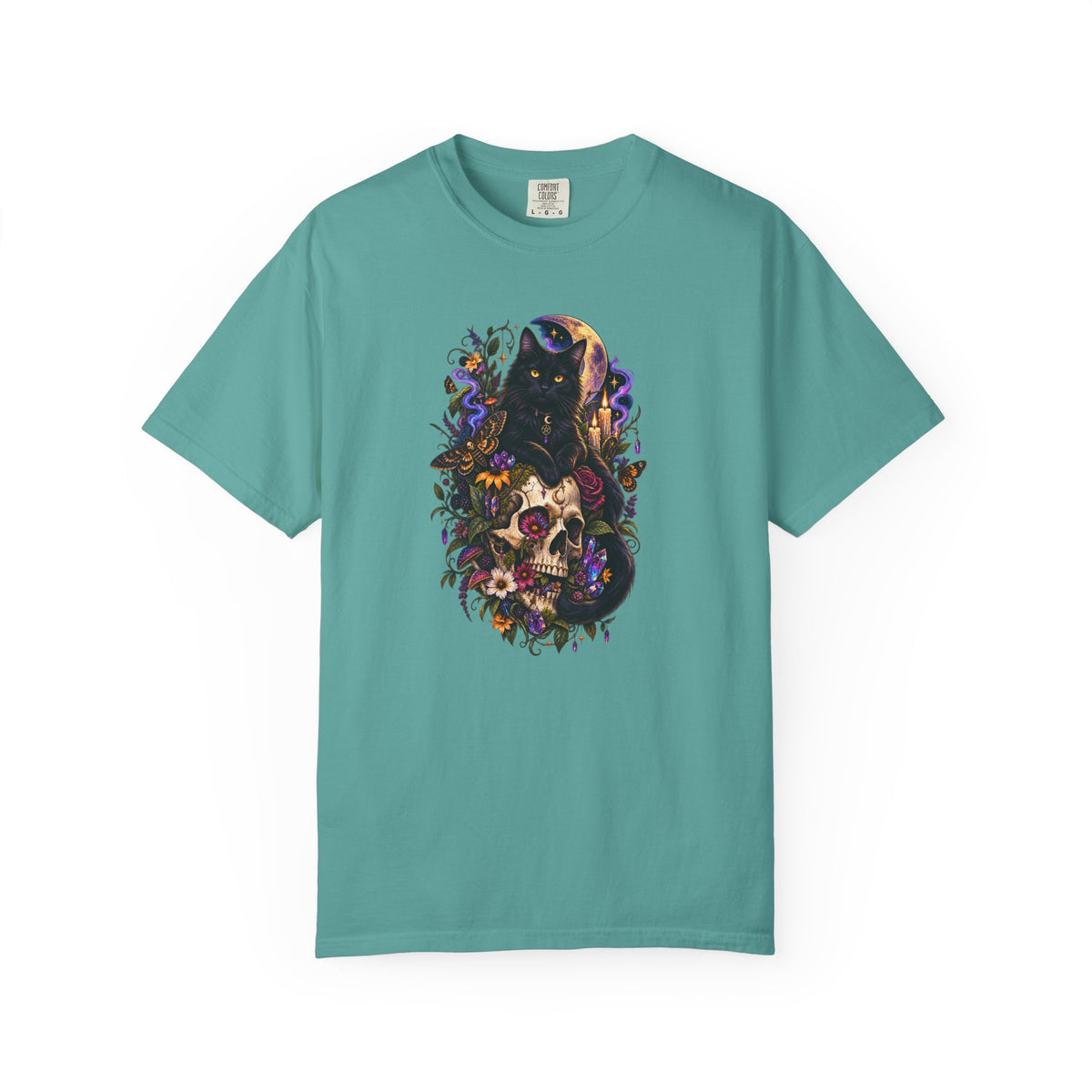 Skull & Black Cat Gothic T-Shirt — Dark Floral Day of the Dead Style