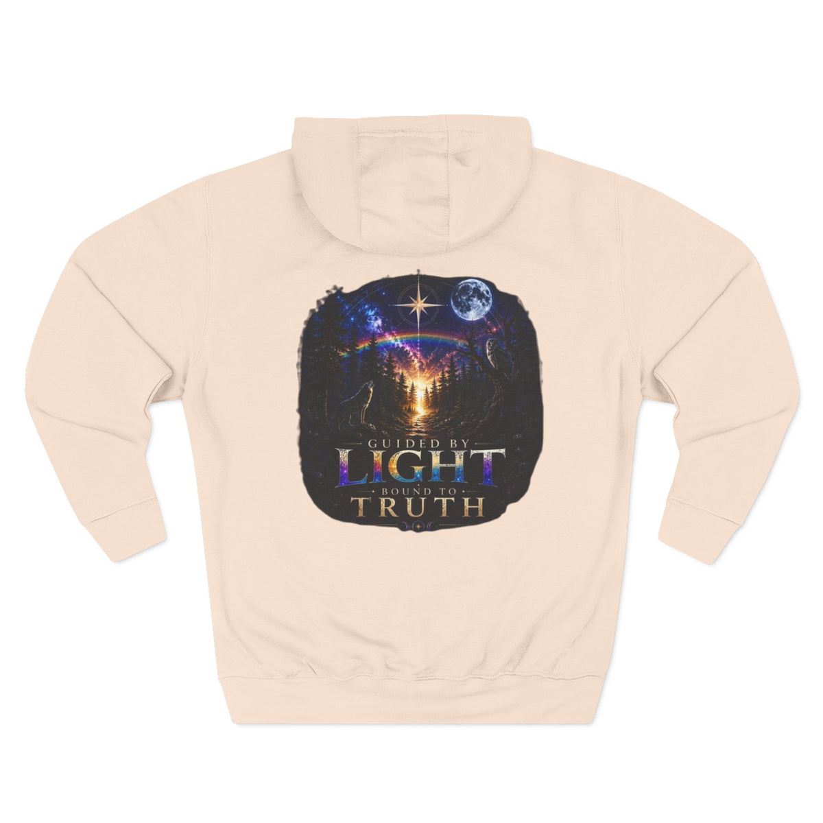 Guided by Light Bound toTruth Fleece Hoodie — Spiritual Galaxy Chest Emblem & Backscape Design