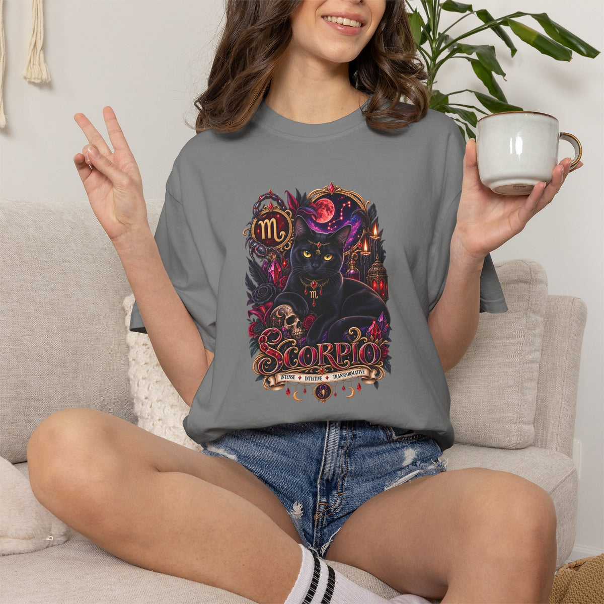 Scorpio Black Cat Zodiac T-Shirt — Dark Mystical Scorpio Graphic Tee